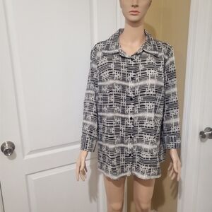 Laura Scott Black and White Grid-Print Button-Down Top 16/18W